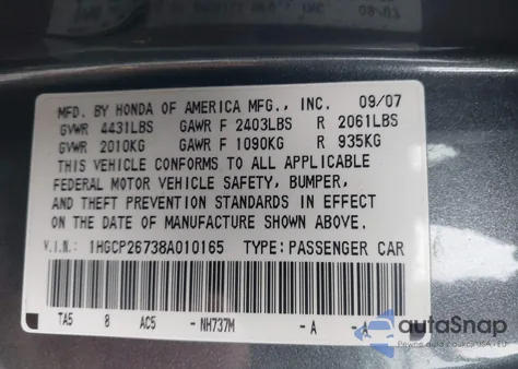 2008 Honda Accord 2.4 Ex from USA, damaged, VIN 1HGCP26738A010165